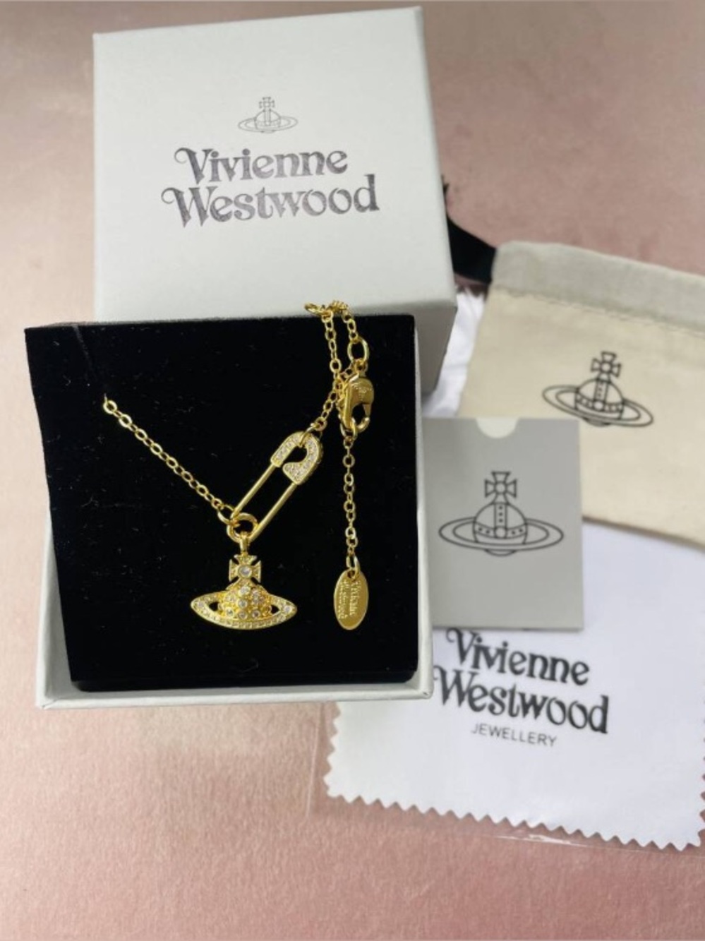 Vivienne Westwood Gold Crystal pave Satety Pin Necklace